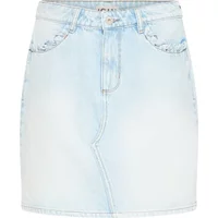 Light blue denim skirt by Ichi with front button closure and subtle faded wash.