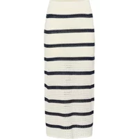 White women's skirt with black horizontal stripes and a textured knit pattern by Kaffe.