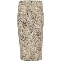 Leopard print women's skirt, knee-length, with a fitted silhouette and subtle waistband detailing.