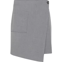 Gray wrap-style women's skirt by Kaffe with front pocket and side button detail.