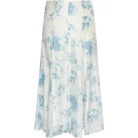 Women's white skirt with blue floral pattern, mid-length, flowy fabric, by Moss Copenhagen Evangelia AOP.