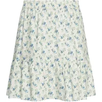 White floral women's skirt with blue and green pattern, elastic waistband, and ruffled hem by Moss Copenhagen.