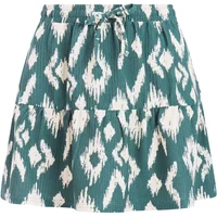Green and white patterned women's skirt with elastic waistband and drawstring, featuring a tiered design.
