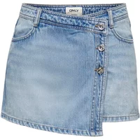 Denim skirt-short by Only Lesly, light blue wash, asymmetrical front with three metallic buttons, classic pockets.