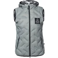 Gray sleeveless down jacket with hood, black zipper, and Elbrus logo patch on chest.