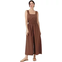 Brown sleeveless jumpsuit with square neckline, wide legs, and elastic waist by Artlove Sylena.