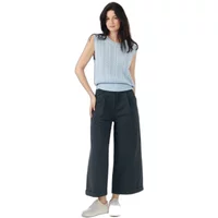 Light blue sleeveless sweater with ribbed texture, worn by a model, paired with wide-leg dark pants.