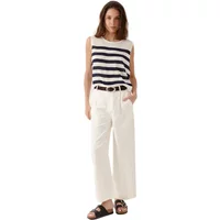 Sleeveless sweater with navy and white horizontal stripes, paired with white wide-leg pants and black sandals.