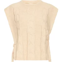 Beige sleeveless sweater by fransa with cable knit pattern and side ties.