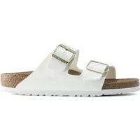 Women's Birkenstock Arizona BF slides, white with two adjustable straps and cork footbed.