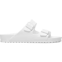 White Birkenstock Arizona EVA women's slides with dual adjustable straps and contoured footbed.