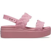 Pink Crocs Brooklyn slides with woven upper, adjustable strap, and platform sole.