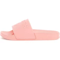 Pink Guess women's slides with embossed logo on wide strap and flat sole.