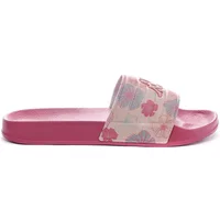 Pink Kappa slides with floral-patterned strap and embossed logo.