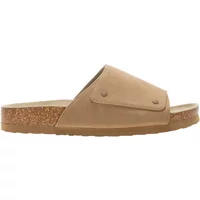 Beige women's slide sandal with wide strap, cork sole, and textured rubber outsole.