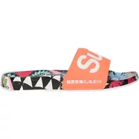 Women's Superdry slides with orange strap, white logo, and colorful geometric and floral patterned sole.