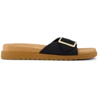 Women's TOMS Marin slides with black strap, gold buckle, and tan sole.