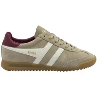 Beige Gola Classics Torpedo women's sneakers with white stripes, maroon heel, and gum sole.
