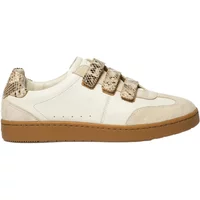 Women's TBS Vanilla sneakers, white with beige suede accents, snake-patterned velcro straps, and brown rubber sole.