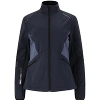 Women's black softshell jacket with high collar, full zip, and subtle logo on shoulder and sleeve.