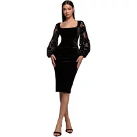 Black velvet square neck midi dress with sheer long sleeves, fitted silhouette by Goddiva.