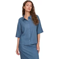 Blue women's square shirt with elbow-length sleeves and button-up front by 24 Colours.