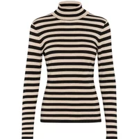 Black and white striped women's stand-up collar sweater with long sleeves by Kaffe.