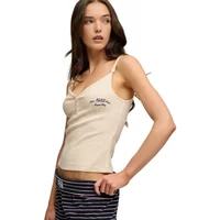 Beige strapless tank top with Superdry logo, fitted design, and athletic style.