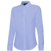 Light blue women's stretch Oxford shirt by Velilla with long sleeves and button-down front.