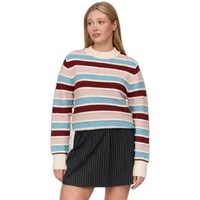 Striped sweater by 24 Colours, featuring horizontal red, blue, and beige stripes with ribbed cuffs and hem.