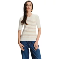 Women's striped sweater by Greenpoint, white with thin beige horizontal stripes, short sleeves, crew neck.