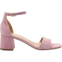Pink suede heeled sandals by Ryłko with ankle strap and block heel.