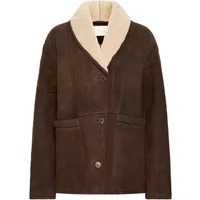 Brown suede women's jacket with wide cream shearling collar and button closure by Atelier Rêve.