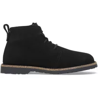 Black suede leather ankle boots with lace-up design and cork sole by Birkenstock Uppsala.