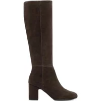 Brown suede leather knee-high boots with block heel and rounded toe by Ryłko Gianna.