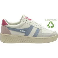 Women's suede trainers by Gola, white with blue stripes, pink heel, beige sole, and recycled material logo.