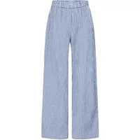 Blue and white pinstriped women's suit trousers by Ichi, wide-leg fit with an elastic waistband.