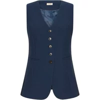 Navy women's suit waistcoat by fransa with V-neck, five buttons, and two front pockets.