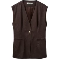 Women's brown pinstripe waistcoat by Sofie Schnoor with V-neck and single button closure.