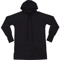Black women's sweater dress by Mantis with long sleeves, hood, and drawstrings.
