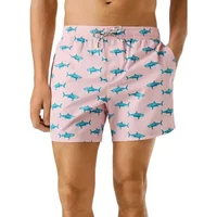 Pink women's swim shorts by Pepe Jeans with blue shark pattern and drawstring waist.