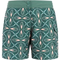 Green women's swim shorts with geometric pattern, buttoned waistband, and side pocket.