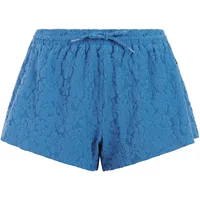 Blue women's swim shorts by Protest Maritza with floral lace pattern and drawstring waist.