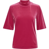Red short-sleeve women's swimsuit by b.young Perlina with high neckline and smooth fabric texture.
