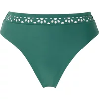 Green women's swimsuit bottoms with cut-out leaf pattern waistband, Brigitte Bardot Mirage style.