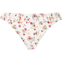 White floral swimsuit bottoms with ruffled waistband, featuring pink, red, and orange flowers.