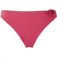 Pink ribbed swimsuit bottoms with a high-cut design and a decorative rose on the side.