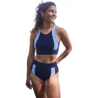 Women's high-waisted swimsuit bottoms by Gayaskin, navy with light blue side panels.