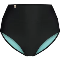 Black high-waisted women's swimsuit bottoms with light blue lining and small logo tag.