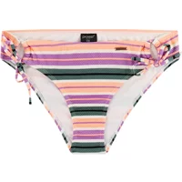 Striped women's swimsuit bottoms by Protest Mixcabel, featuring pink, purple, and green horizontal stripes with side ties.